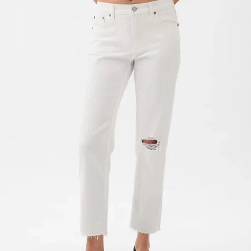 Gap Cheeky Straight High Rise White Denim Jeans 24/00 Petite 5Pocket Raw Hem NWT